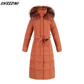 

SWREDMI X-Long Winter Women Hooded Coat Fur Collar Thick Warm Sashes Parka Female Plus Size S-3XL Cotton Padded Jacket Coat Lady