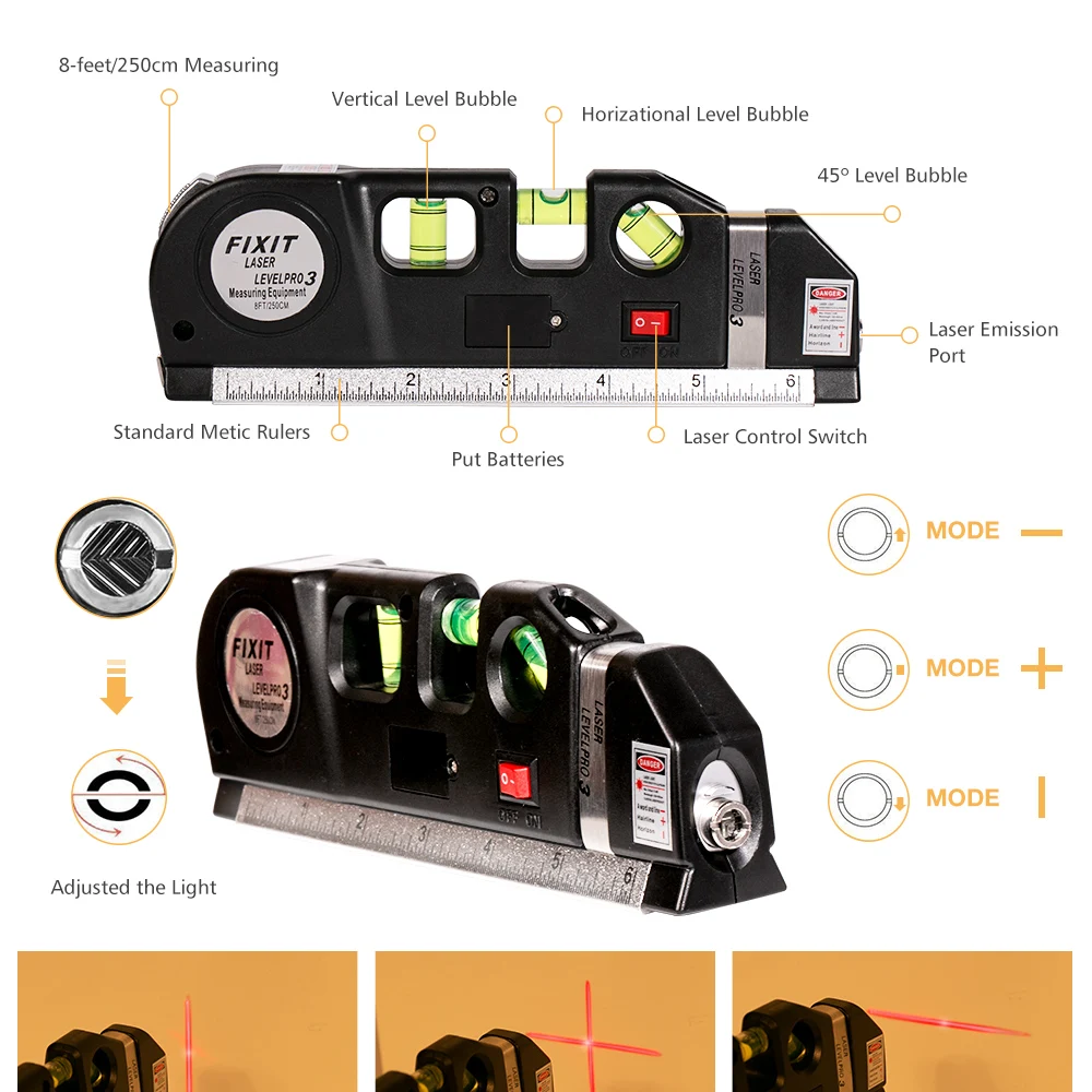 Многоцелевой лазерный уровень Горизонт Вертикальная линия измерения 8 футов+ измерительная лента Линейка Отрегулированная стандартные и метрические линейки