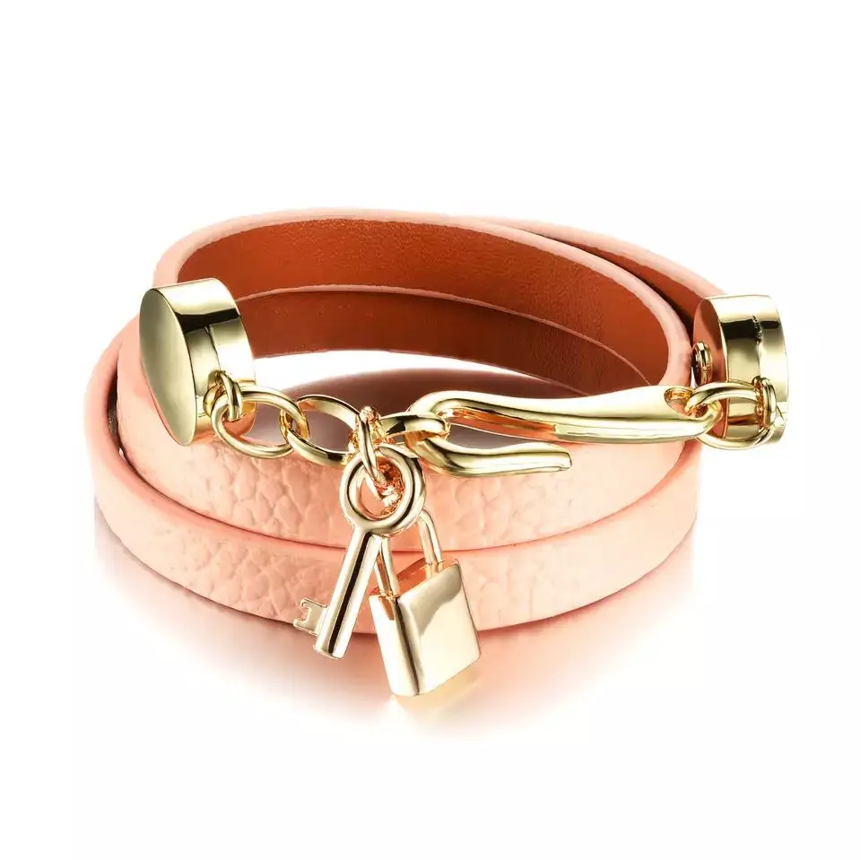 

Fashion Personality Handmade Woman Wrap Bracelets Leather Stainless Steel Lock Key Pendant Women Jewelry Accessories Gift