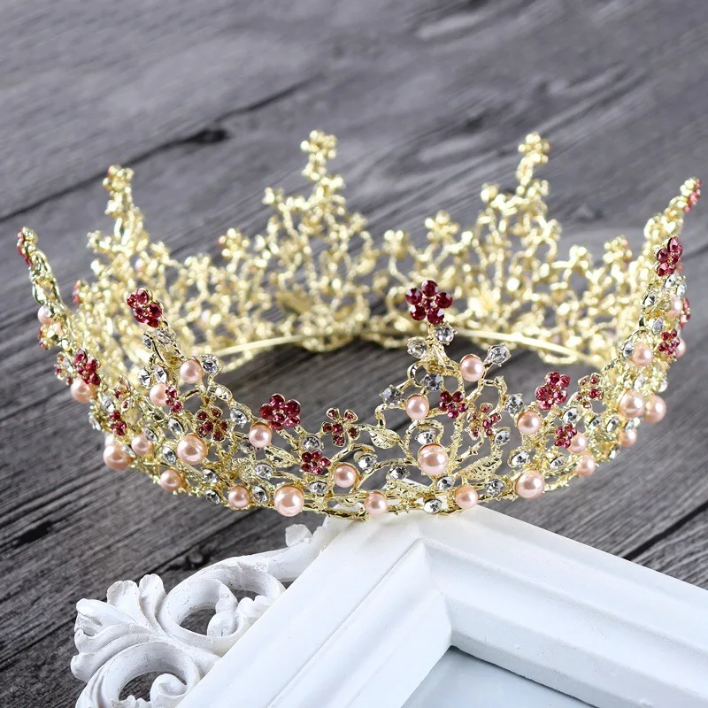 

Hot Queen King Bride women Round Big Tiara Crowns Flower Pearl Metal Bridal Wedding Diadema Hair Tiaras Decoration Accessories