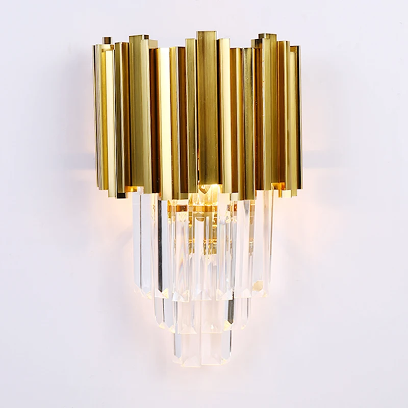 

American European post modern golden metal crystal glass tube wall light lamp LED for villa hotel foyer living room wall sconce