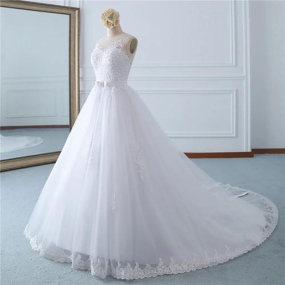 Fansmile Тюль Mariage Vestido De Noiva белые кружевные свадебные платья размера плюс Длинный Шлейф Свадебные платья невесты платье FSM-454T