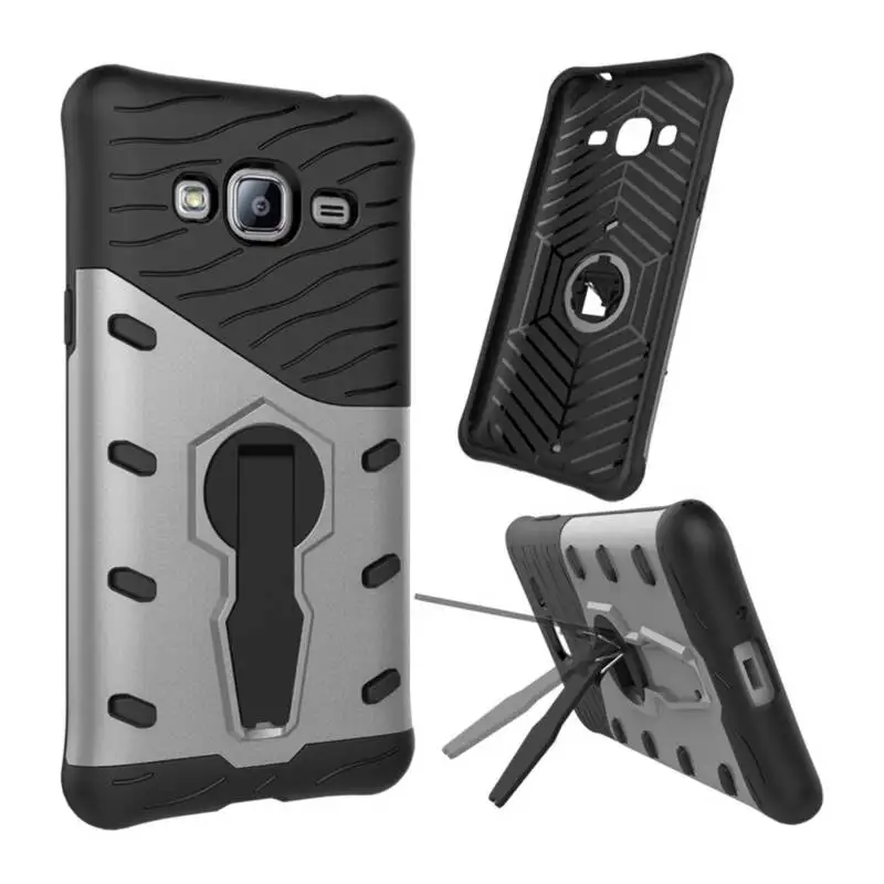 360 Rotating Silver Armor 2 in 1 PC and TPU Soft Gasbag Stand Back Case Cover For Samsung Galaxy J3 |