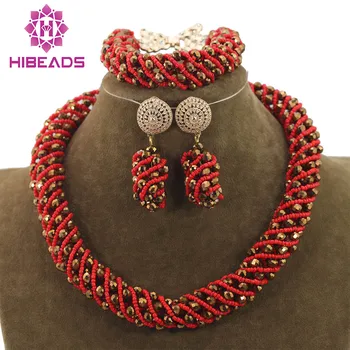 

Trendy African Jewelry Set Red Seed Beads Bronze Gold Crystal Statement Necklace Set Anniversary Gift Free ShippingABH145