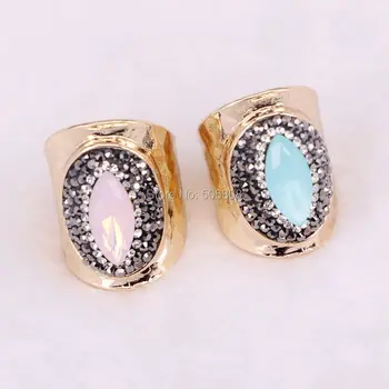 

6pcs Crystal Quartz Stone Ring, Pave Crystal Zircon Cat Eye's Stone Ring