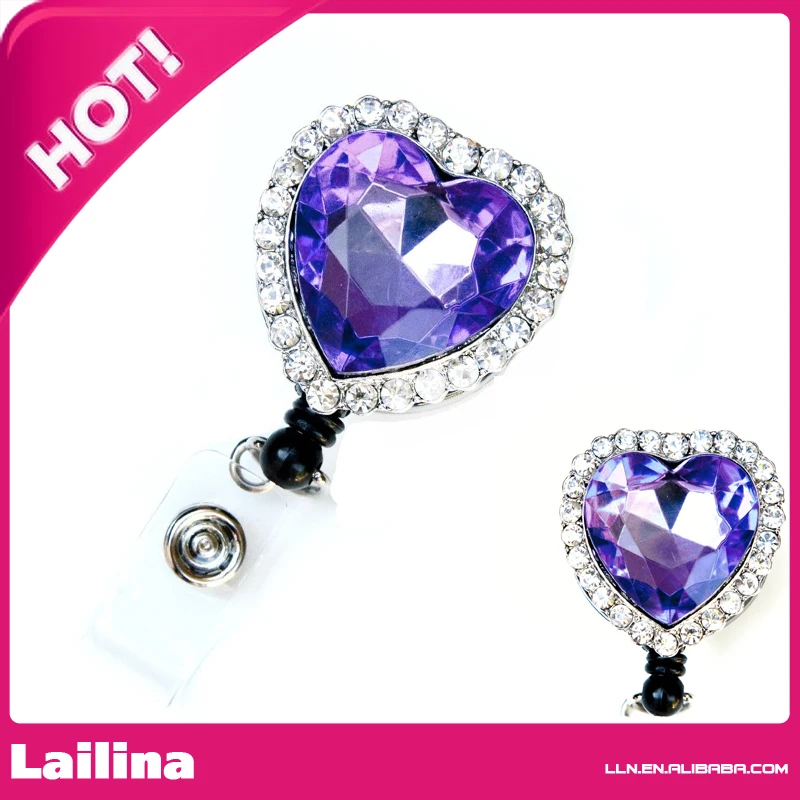

Purple Acrylic Heart Rhinestone Retractable Badge Reel / ID Badge Holder