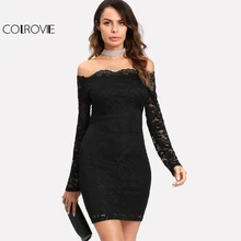 Colrovie 2017 платье черный цветочный Кружево наложения BARDOT Bodycon платье дамы с плеча с длинным рукавом Гребешок платье