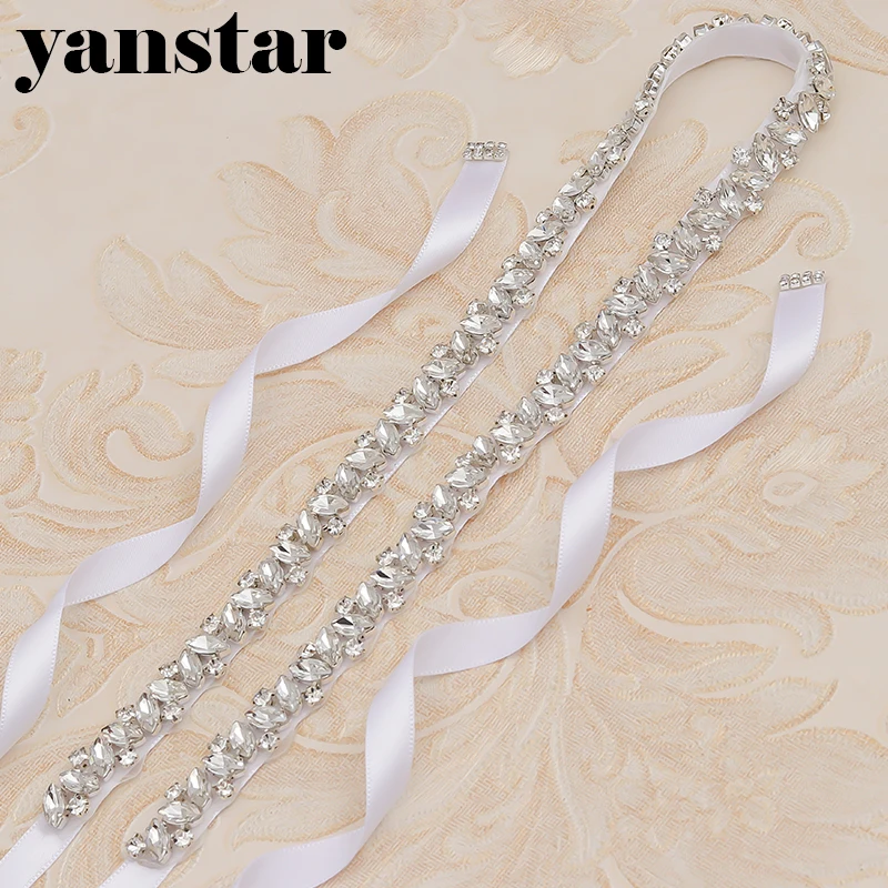 

Yanstar Bridal Sash Thin Rhinestones Wedding Dress Belt Handmade Silver Crystal Sash For Women Prom Gown 35WB863