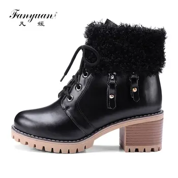

Fanyuan Warm fur ankle boots for women new round toe high heel 6cm lace up Martin Winter Snow boots Square heel women's shoes