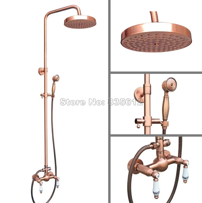 

Antique Red Copper Bathroom Round Shower Head Rain Shower Faucet Set + Handheld Shower + Ceramic Handles Mixer tap Wrg552