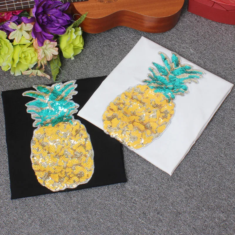 

Girls Sequins Pineapple T-Shirts Beading Short Sleeved O-Neck Casual fruit embroidery Sequined Tees Casual Tops Hot Summer Gift