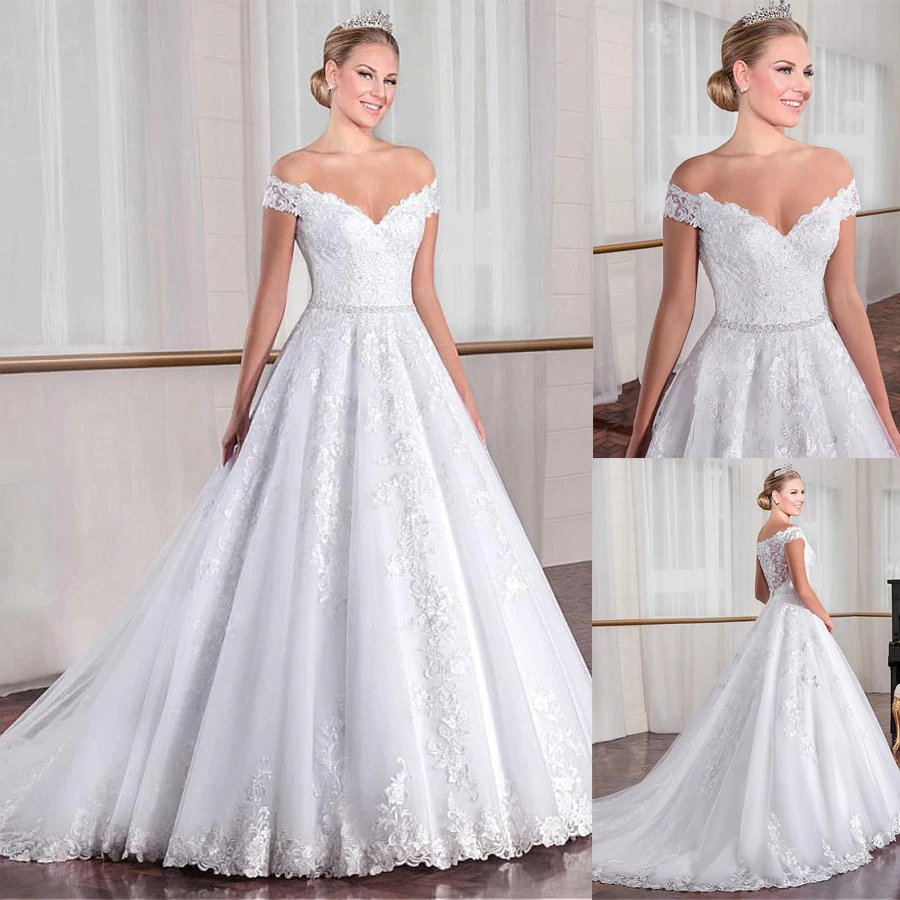 

Fascinating Tulle Off-the-shoulder Neckline A-line Wedding Dress With Lace Appliques Beading Sash Bridal Dress
