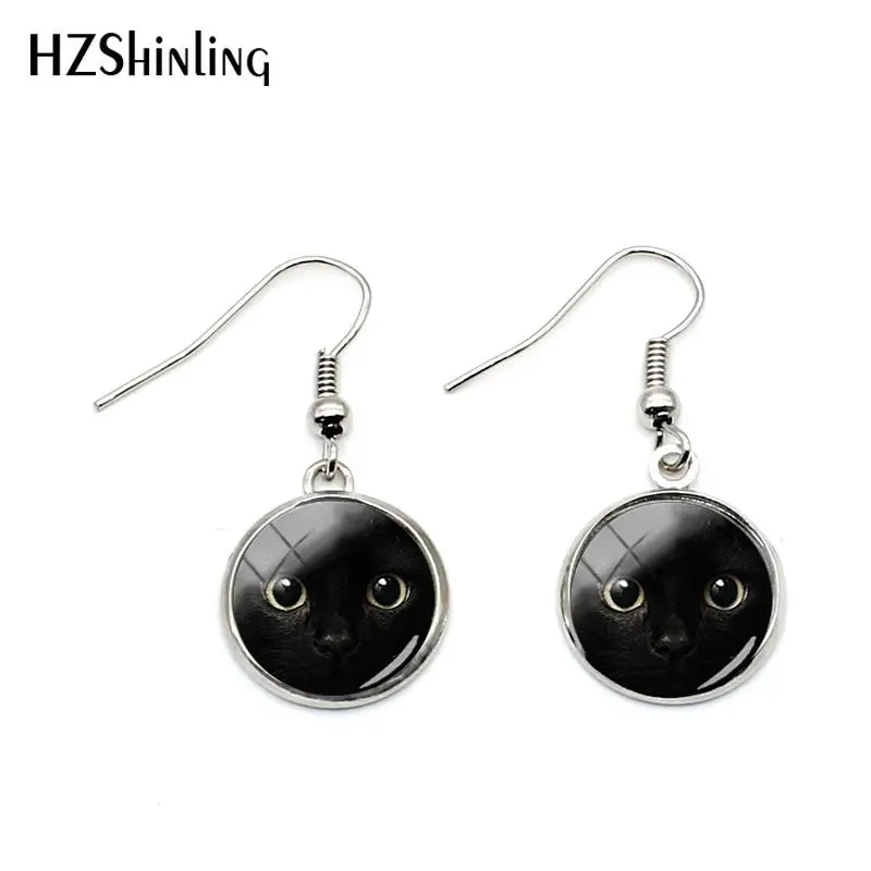 

NHE-0115 New Black Cat Face Fish Hook Earrings Funny Cats Pendant Earrings Silver Glass Dome Cabochon Jewelry