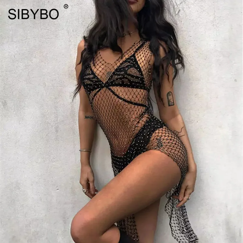 

Sibybo Crystal Hollow Out Sexy Women Dress V-Neck Sleeveless Open Slit Summer Beach Dress Outwear Nightclub Bodycon Dress 2019
