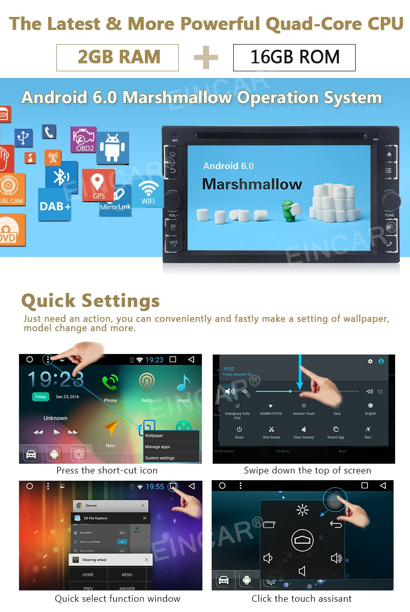 Top 6.2" Screen 2G RAM Quad-core Car Stereo Radio Android 6.0 Double Din Head Unit GPS Bluetooth WIFI CAM-IN DVD 1080P Video Player 0