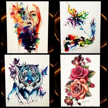 WaterColor Compass Temporary Tattoo Stickers Flying Birds Waterproof Tattoo For Women Body Art Arm Colored Flash Tatoo Leg Neck