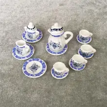 Горячая 15 шт. 1/12 кукольный домик Миниатюрный чайный набор зеленые цветы модель блюда чашки тарелки кастрюли набор блюдец