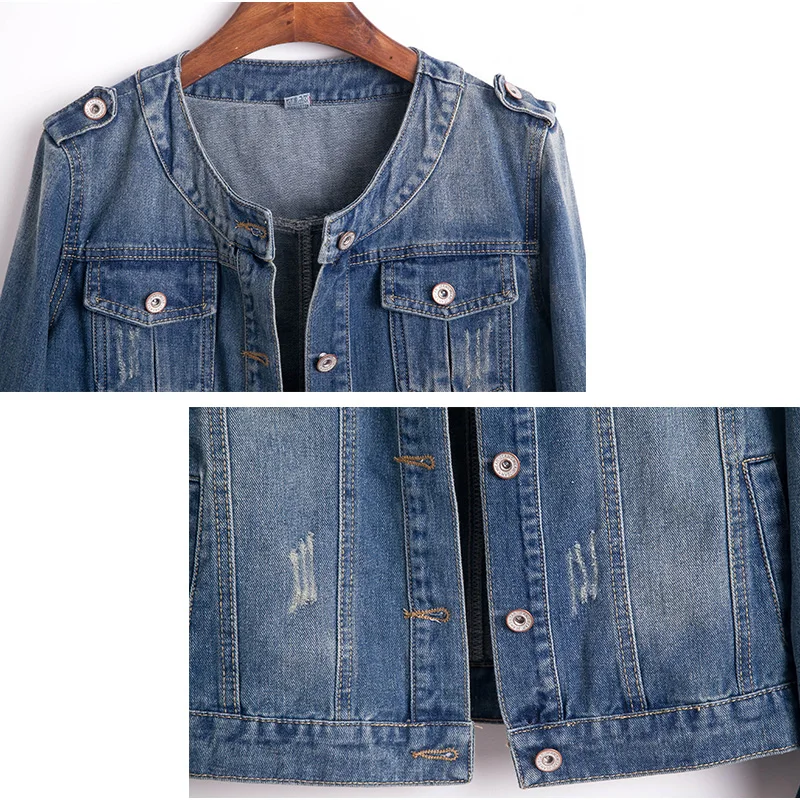 lower price Plus Size Round Collar Jeans Jacket 4XL 5XL Sweet Women Light Blue Bomber Short Denim Jackets Long