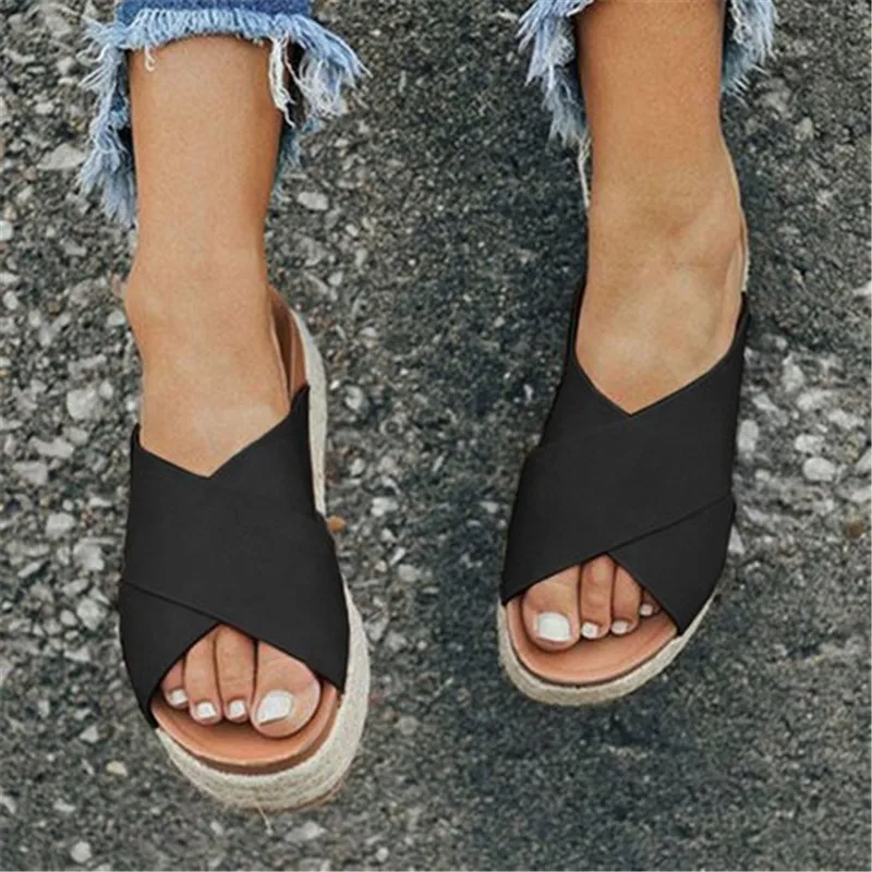 

FeiYiTu Leopard Shoes Summer Women Slippers Wedge Big Open Toe Platform Ladies Outdoor Beach Flip Flops Female Slides Hemp Rope