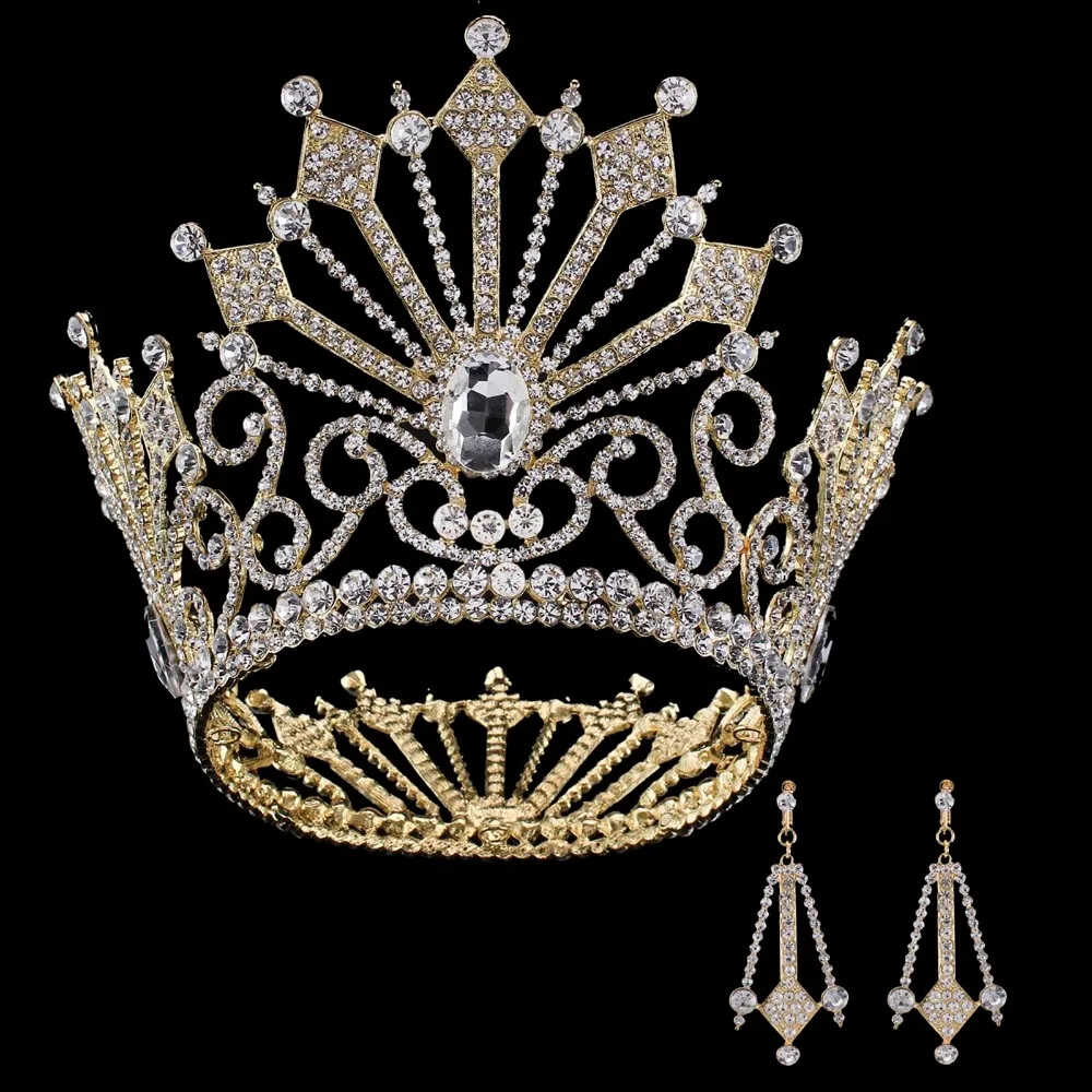 Wholesale Crystal Princess Tiara Earrings Bride Queen Crown Luxury European Large Crown Wedding Headdress Wedding Hair Jewelry