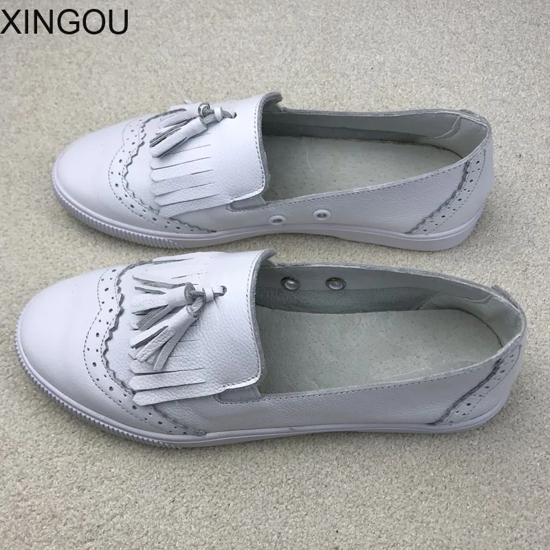 Concise Femmes Solide Mocassins Mode D'été Véritable De Chaussures Xingou Appartements Fringe Pour Cuir Casual En E2WYH9ID