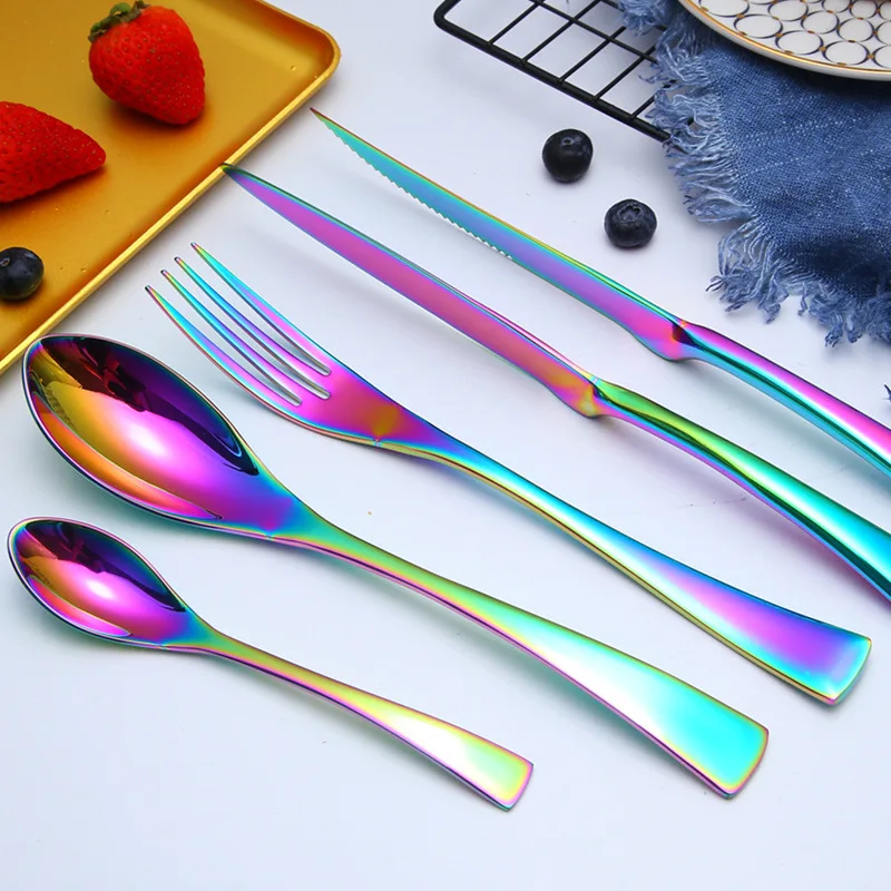 

Luxury Rainbow Cutlery Set Tableware Sets Stainless Steel Dinner Fork Steak Knife Tea Spoon Dinner Dinnerware Set
