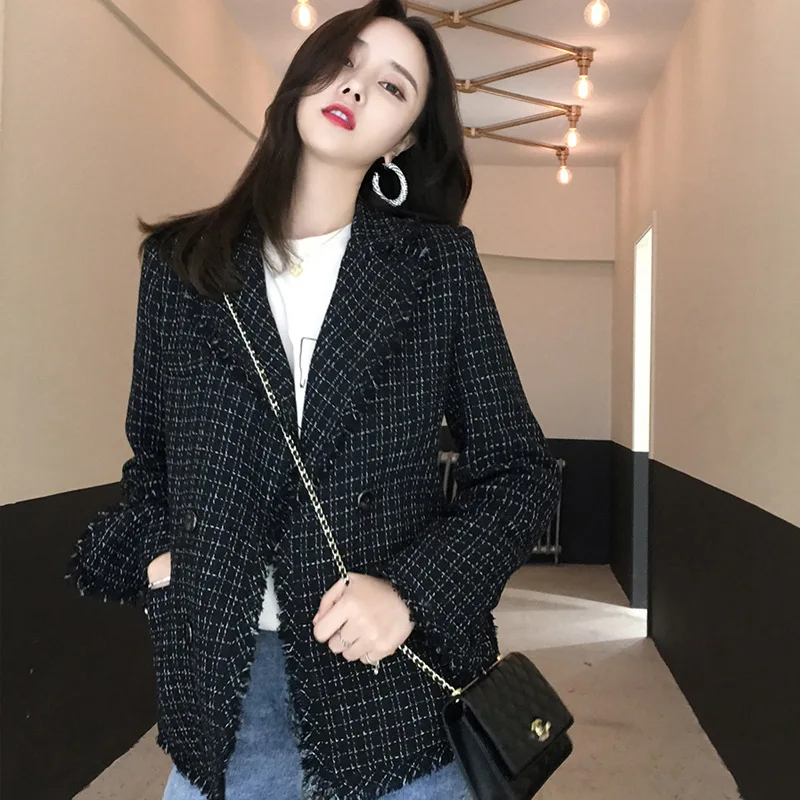 Womens Double Breasted Plaid Blazers Elegant Black White Korean Loose