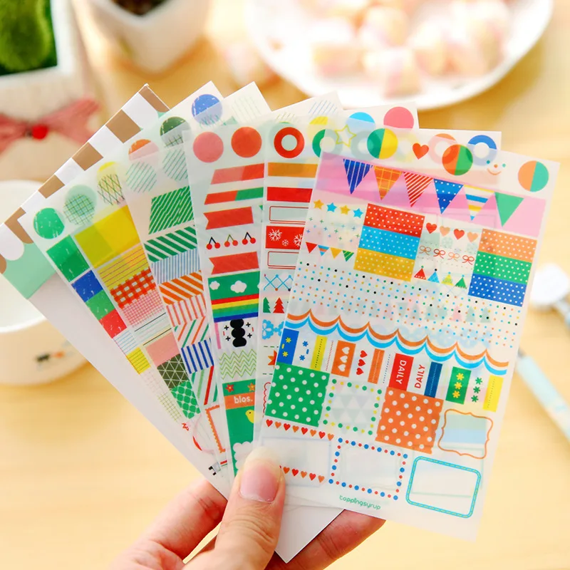 

6sheets/set Rainbow Market Simple Life Geometric Shape PVC Stickers for Calendar Notebook Diary Planner Scrapbooking Decorations