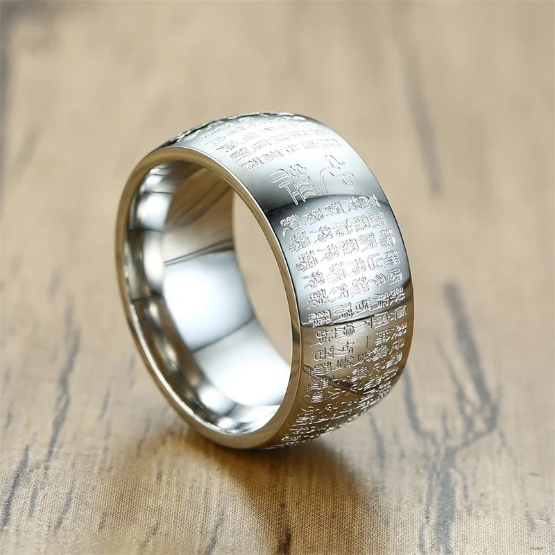 Буддийская мантра мужское кольцо из нержавеющей стали в серебряном цвете 8 мм Christan Regilious Jewelry