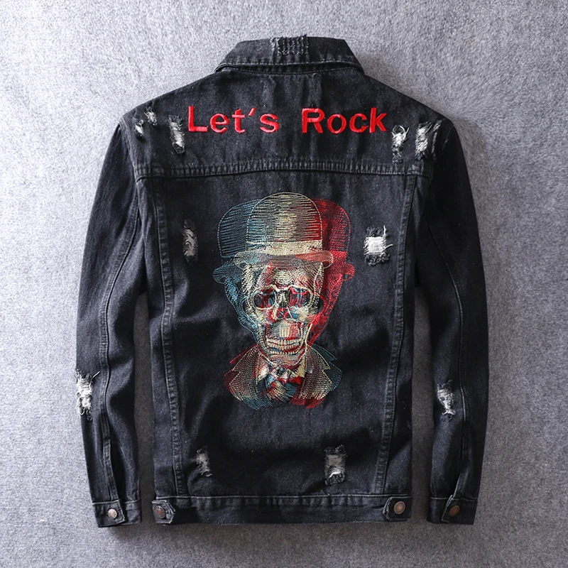

Fashion Streetwear Men Jacket Black Color Skull Embroidery Designer Denim Jacket Men Punk Rock Destroyed Coat Hip Hop Jackets