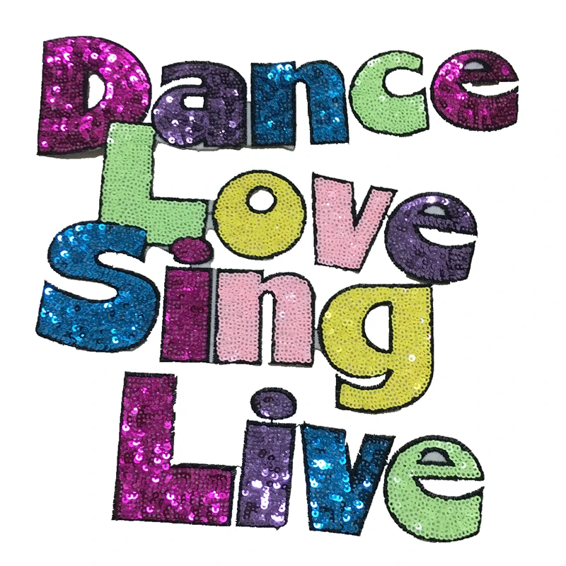 

1PC Colorful Dance Love Sing Live Sequined Iron on Patches for Clothes Backpacks DIY Letters Sequins Patch Appliques Decoration