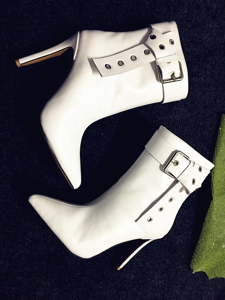 

Sexy Pointed Toe Women Ankle Boots White Leather Short Botines Mujer Gladiator Studded Thin High Heels Botas Feminino Bottines