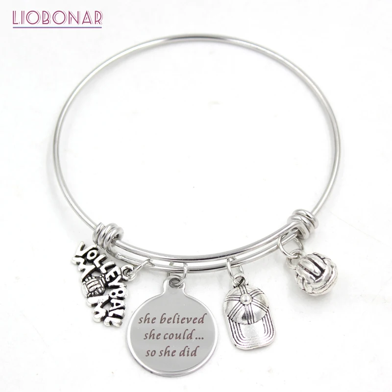 

1PC Stainless Steel Bracelet Wire Adjustable Expandble Bangle Sport Volleyball mom Charm Bracelet Bangle for Women Jewelry Gifts