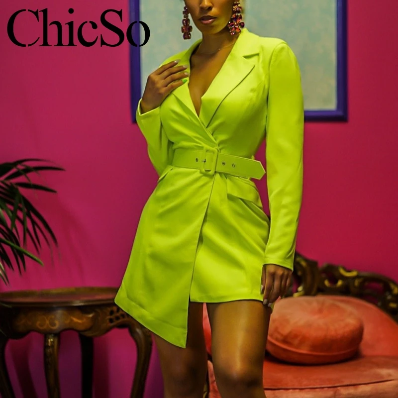 

MissyChilli Neon green belt short blazer dress women Elegant bodycon work wear mini dress Autumn sexy party office ladies dress