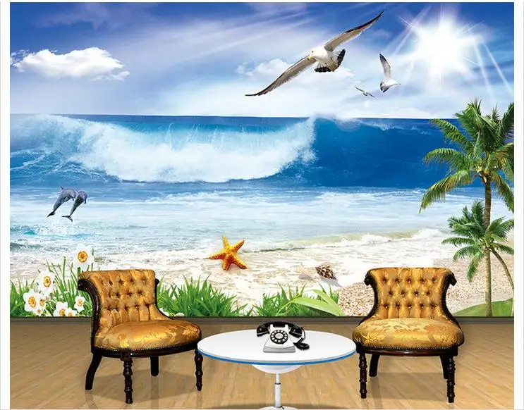 

3d wallpaper custom 3d Mediterranea wallpaper Coconut palm beach dolphins gull landscape paintings 3d mural wallpaper decoration