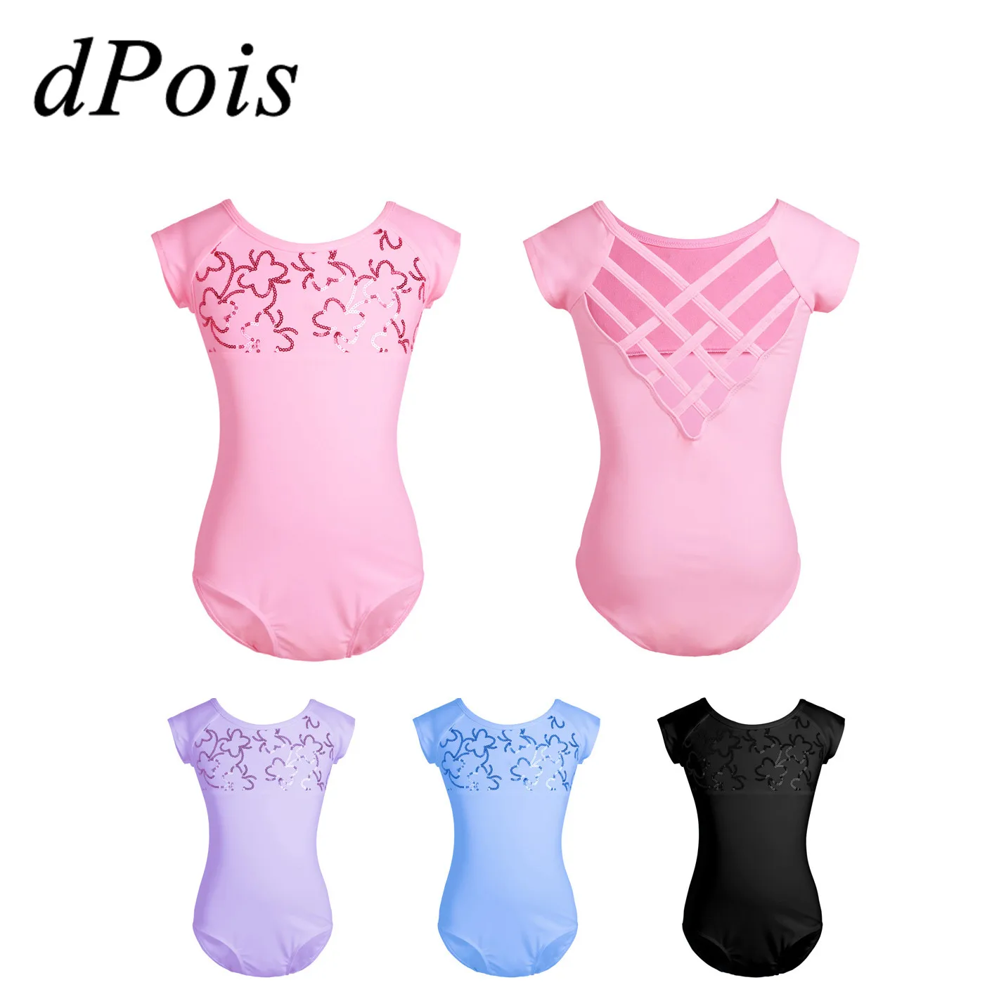 

Kids Girls Short Sleeves Butterfly Sequined Round Neckline Strappy Back Ballet Dance Gym Leotard Jumpsuit Reflective Show Dress