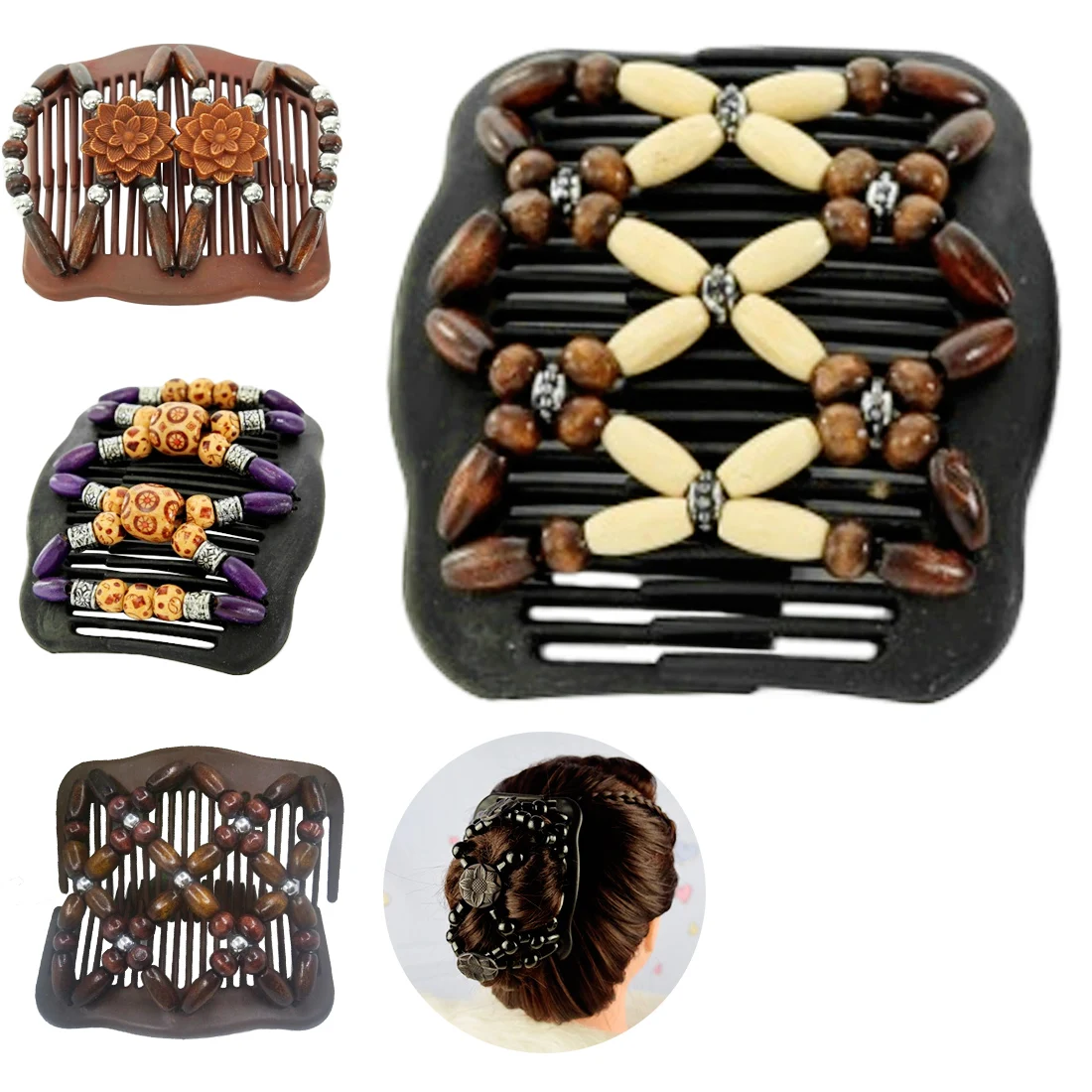 

1 Pcs Ethnic Fashion Vintage Magical Retro Double Beaded Hair Comb Clip Beads Elasticity Hairpin Stretchy Hair Combs Pins