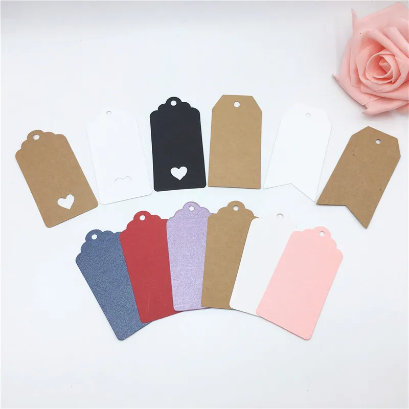 8x4cm 100Pcs/Lot Multiple Pure Colors Shapes Scalloped Paper Hanging Tags Labels With Hollow Hearts For Packing Marking Pricing | Украшения