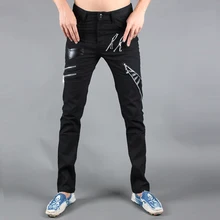 Новые Модные Качественные мужские тонкие мотоциклетные кожаные брюки на молнии Персонализированные Лоскутные кожаные брюки облегающие брюки