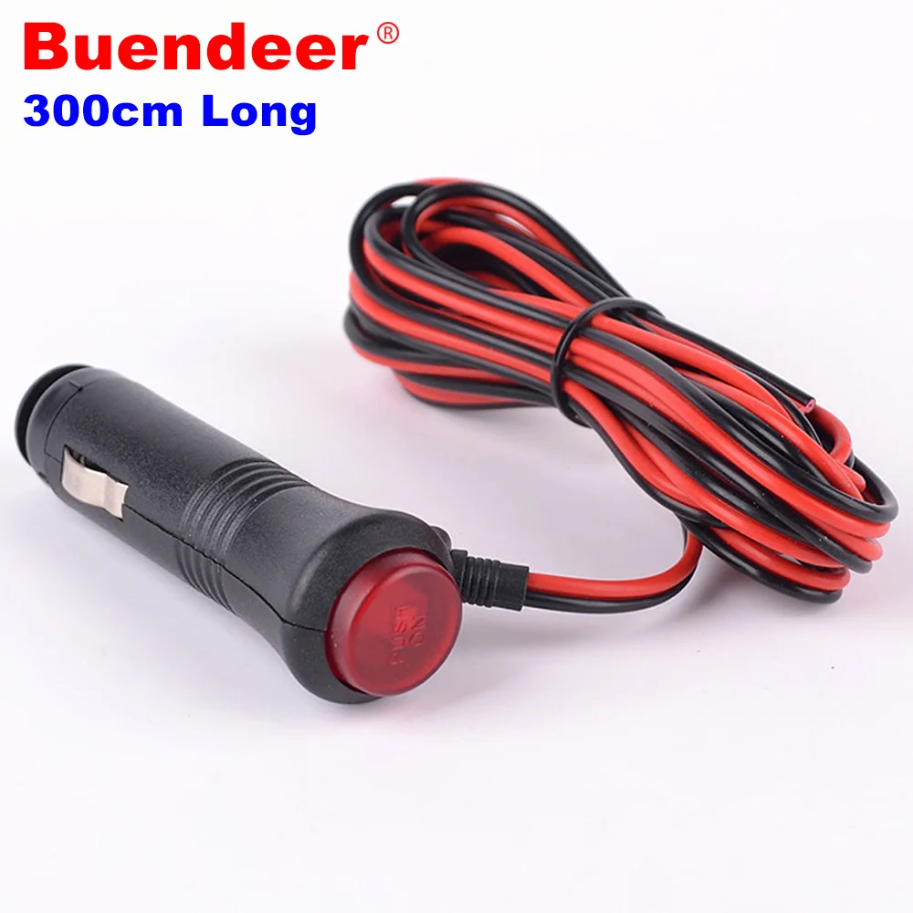 

Buendeer 300cm long Car cigarette lighter power cord Male Cigarette lighter Socket plug with switch indicator 12V/24V power cord