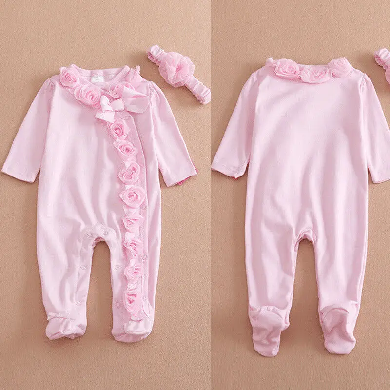 Комбинезон для новорожденных и маленьких девочек; милые комбинезоны в цветочек+ повязка на голову; комплект одежды для малышей