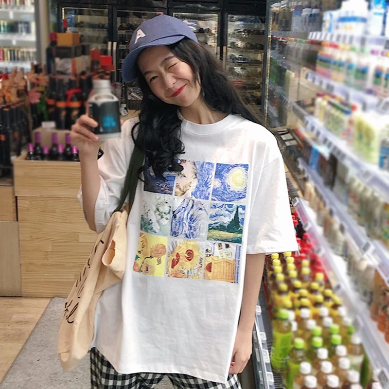 

Women's Casual Fashion Round Neck Oil Paintings Print Short Sleeve Loose Pullover T-Shirt