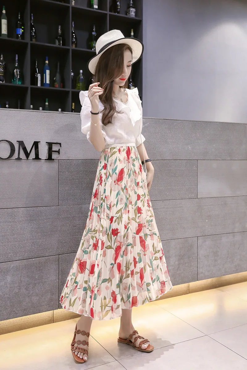 2019 новые летние женские с высокой талией юбка корейский стиль цветочный принт богемный линия плиссированные юбки Элегантный Slim Fit Длинные