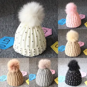 

Newly Arrival Kids Baby Girl Warm Winter Knit Beanie Fur Candy Color Bling Hat Crochet Ski Cap