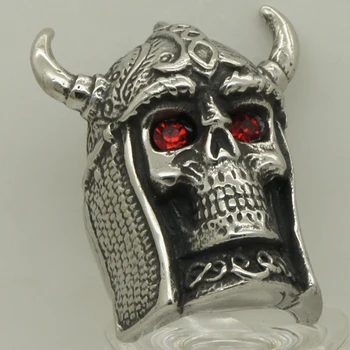 

big & heavy helmet red cz stone horn skull rocky biker 316L stainless steel ring