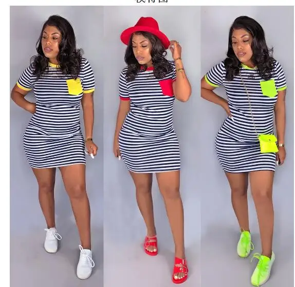 

Mlgoie 2019 Fashion Woman Striped O-Neck Short Above Knee Dress Summer New Style Casual Pencil Mini Dress With Pockets S3617