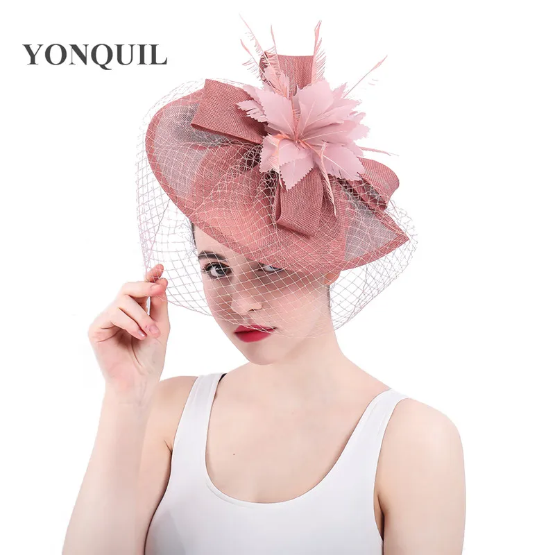 

Imitation Sinamay Dark peach ladies Fascinators Hat wedding vintage Hair Accessories feather Flower church Cocktail headpieces