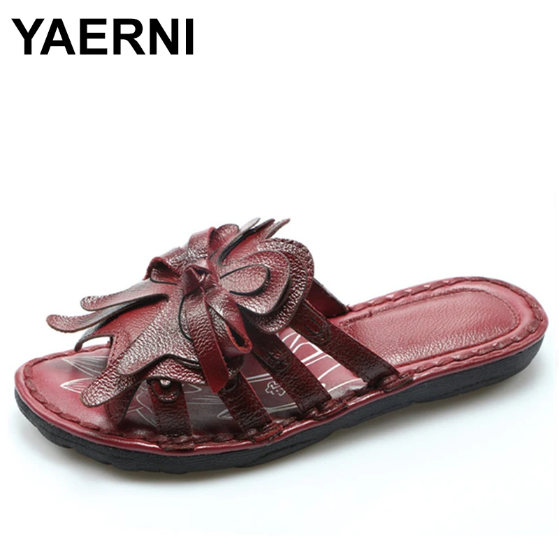 

YAERNI New Arrival Vintage Slippers Women Genuine Leather Summer Handmade Flowers Flat Slippers Woman 4 Colors Women Flip Flops