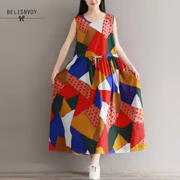

Women Sleeveless Floral Printed Loose Vestidos 2019 New Ladies Cotton Linen Vintage Dress Summer Style Maxi Beach Dresses