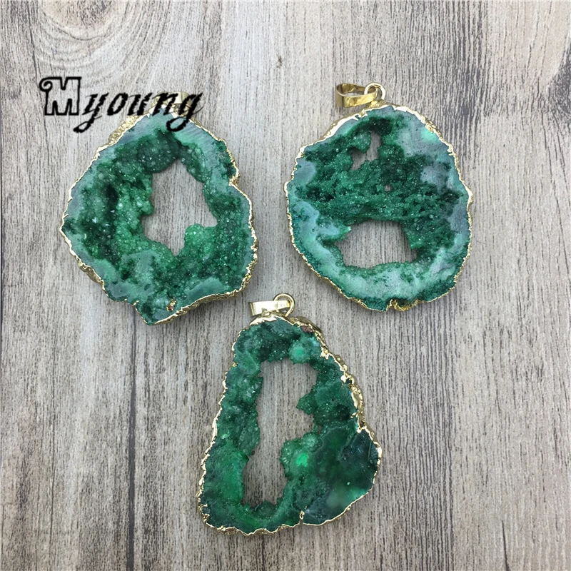 

Freeform Green Titanium Crystal Druzy Geode Slice Pendants, Quartz Druse Geode Slab Pendant For DIY Jewelry MY2035